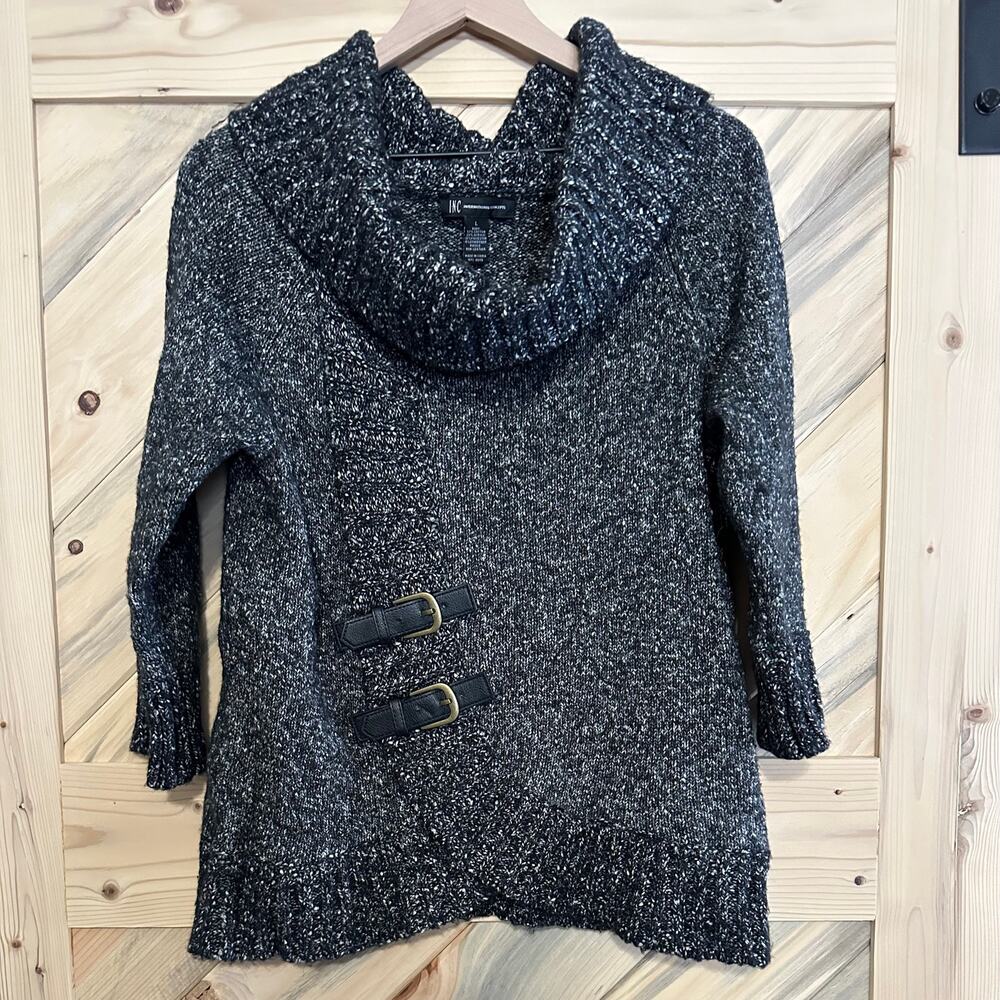 Large INC sweater with leather-like buckles black and white very soft